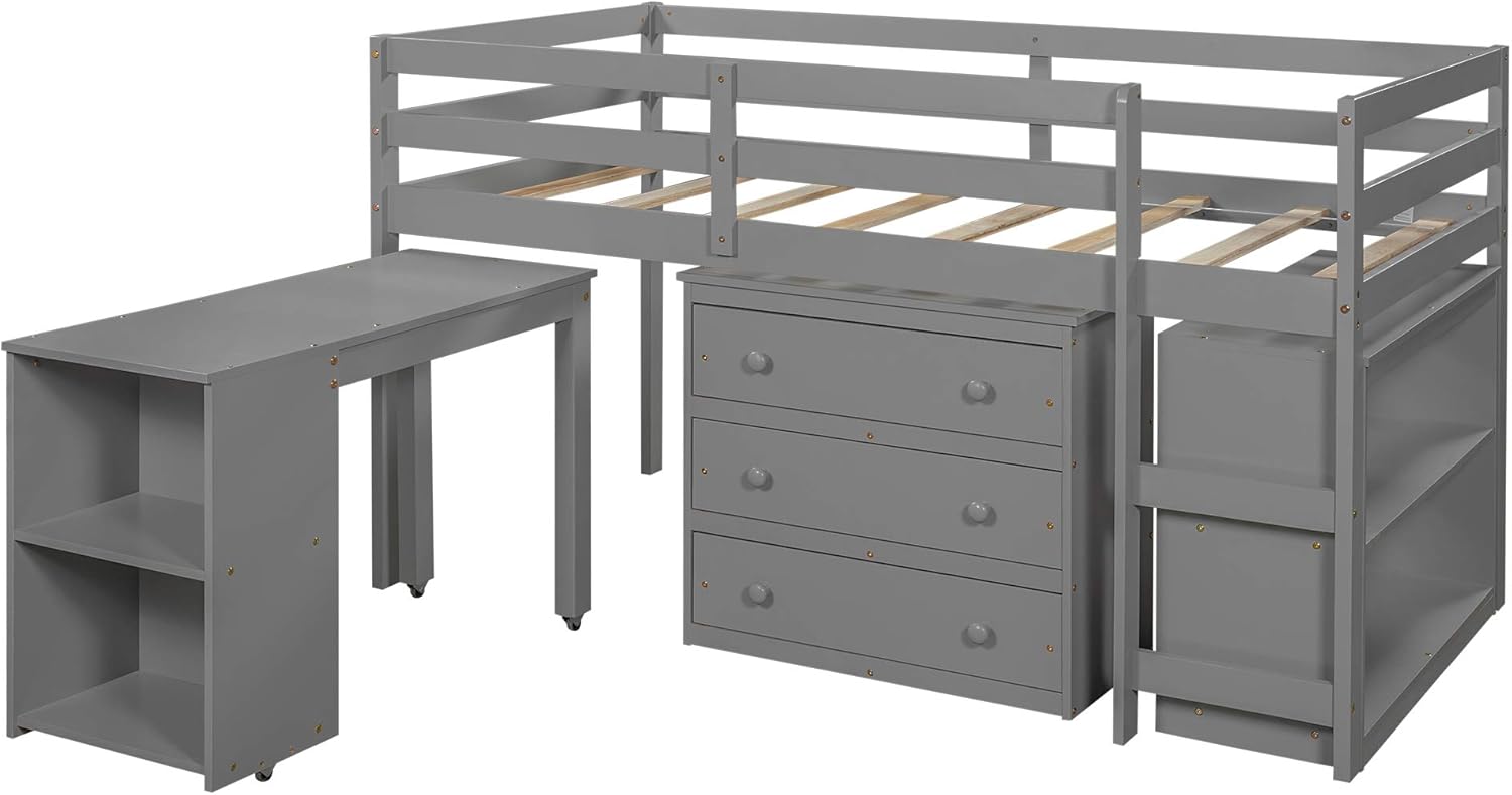 SOFTSEA Twin Study Loft Bed with Rolling Portable Desk, Cabinet and Bookcase, Low Loft Bed for Kids and Teenagers (Gray, with Desk)