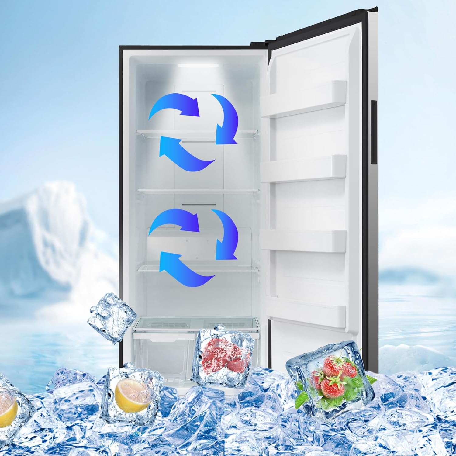 Standing Upright freezers 21 cu.ft, Garage freezer/refrigerator 115v, Quick Freeze, Dual modes, Recessed Handle Single Door, Right, Stainless Steel