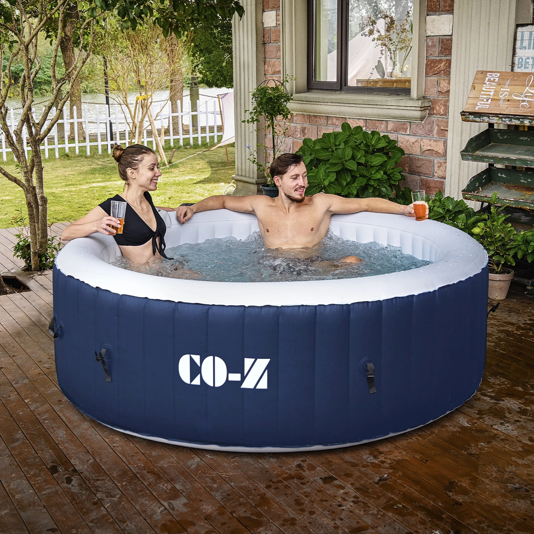 CO-Z 6x6ft PVC Inflatable Spa Tub with 120 Massaging Jets for Patio & More for 2-4 Blue