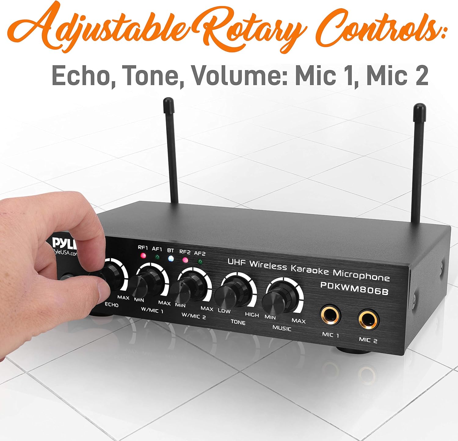 Portable UHF Wireless Microphone System - Battery Operated Dual Bluetooth Cordless Microphone Set, Includes 2 Handheld Transmitter Mic, Mixer Receiver, RCA, for PA Karaoke DJ Party - Pyle PDKWM806B