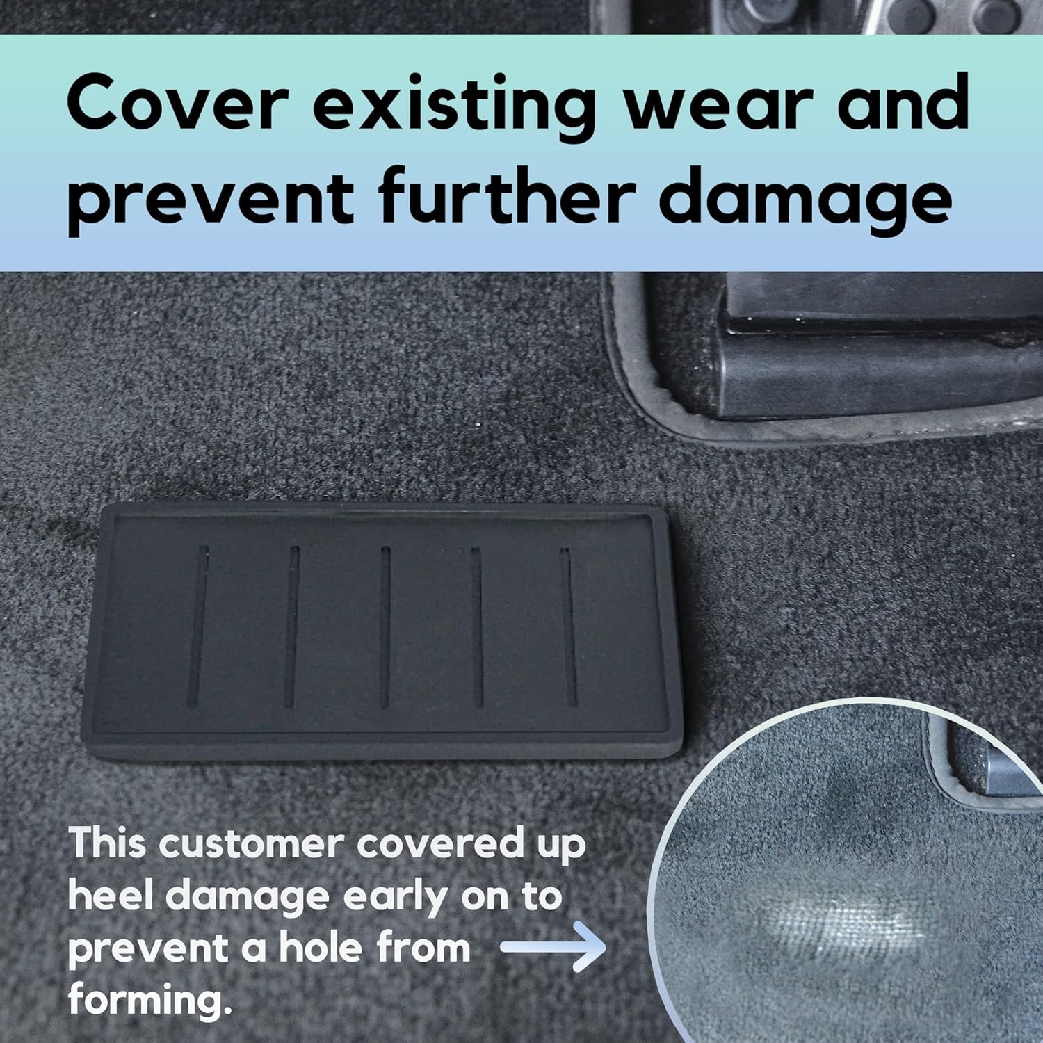 MatMate Car Floor Mat Universal Heel Protector Pad with Carpet-Safe Adhesive - Protect Floor Mat from Tears, Marks, Rips & Holes - Made in USA Dark Grey Pack of 2