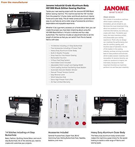 Janome HD1000BE HD1000 Black Edition All Metal Body Sewing Machine, one size