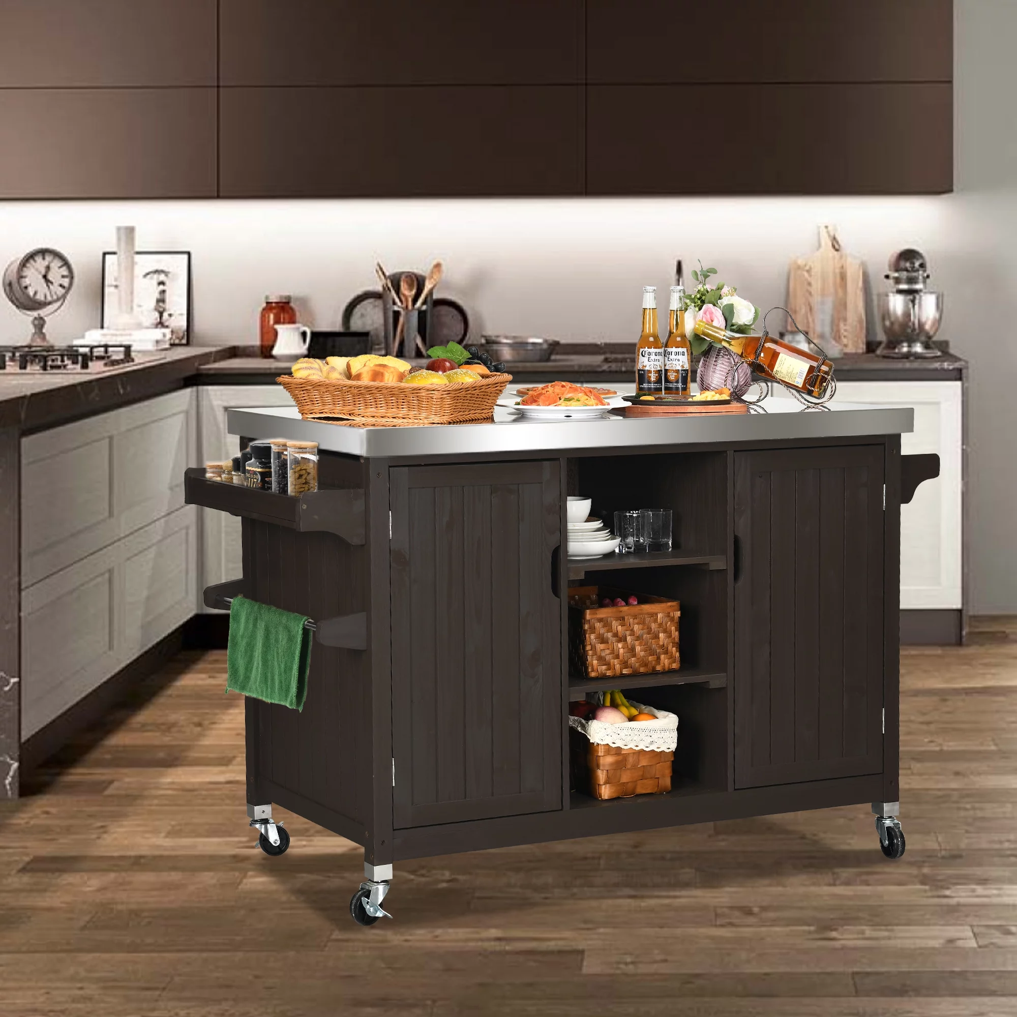 Dextrus XL Solid Wood Outdoor Storage Cabinet - Versatile Movable Outdoor Grill Cart with Stainless Steel Top, Spice Rack, and Side Handle, BBQ Patio Table, Outdoor Small Kitchen Table