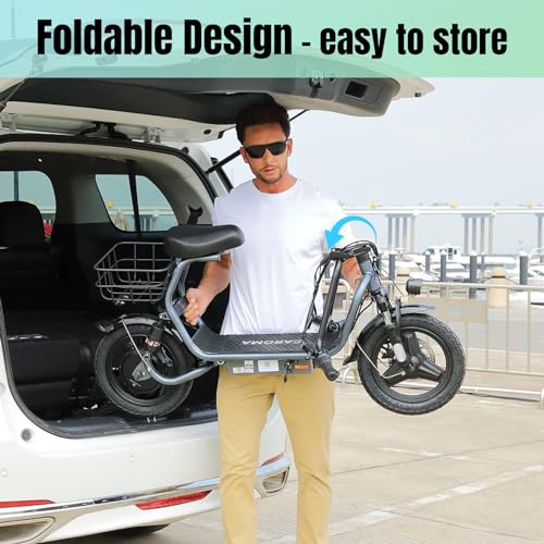 Caroma Peak 500W/800W/1200W Electric Scooter with Seat, Max 15/20/30Miles Range&20MPH, 14" Tires Foldable Adult Electric Scooter with Basket for Pets & Cargo, Dual Shock Absorbing Ebike for Commuting
