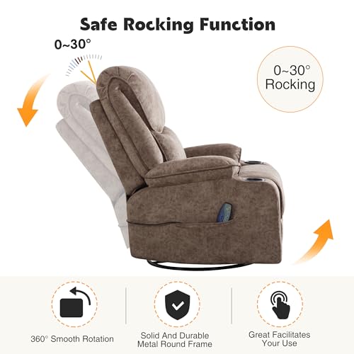 Swivel Rocker Recliner Chair, Power Reclining Chair Breathable Leather Recliner for Adults with Cup Holders and USB Port, Oversized Glider Rocking Recliner for Living Room, Dark Brown
