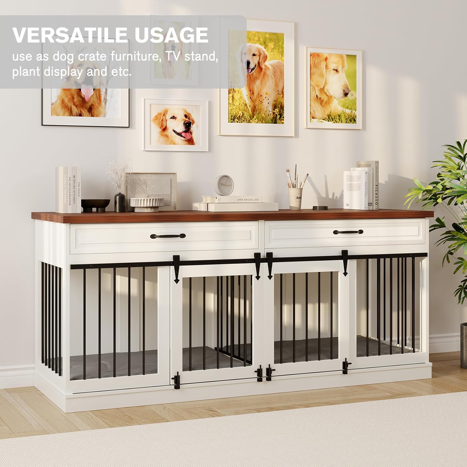 Dog Crate Furniture - Farmhouse Indoor Wooden Dog Kennel with Sliding Barn Doors, Room Divider and 2 Drawer, 72”L x 23.6”W x 31.5”H, White