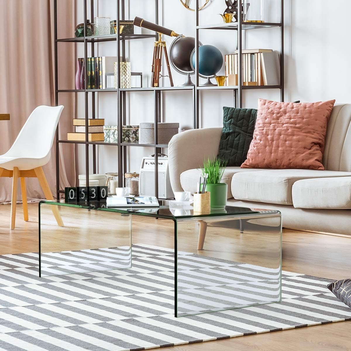 Casart Glass Coffee Table, U-Shape Tempered Glass Tea Table with Smooth Round Edges, Simple Minimalist Waterfall End Table for Living Room Office Hotel, No Assembly