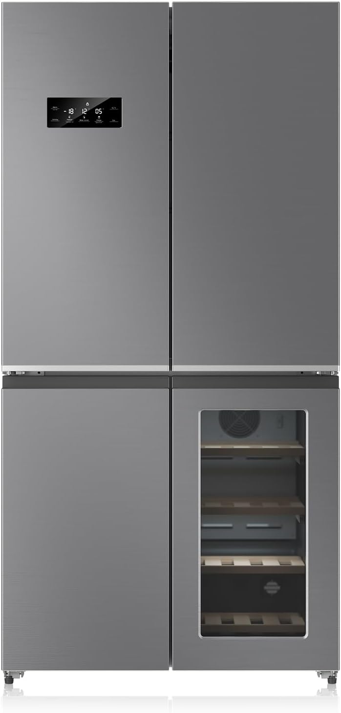 36 Inch Large Capacity French Door Refrigerator, 21 cu.ft Refrigerator with 4 Doors & Wine Cabinet, Dual Ice Maker, Adjustable Glass Shelves