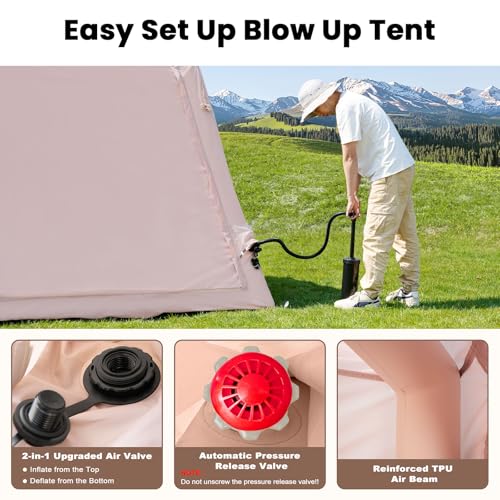 Inflatable Tents for Camping, Blow Up Tent with Hand Pump, Easy Setup Inflatable Hot Tent with Stove Jack, Waterproof Oxford Air Glamping Tents for Camping Adult 4-6 Person