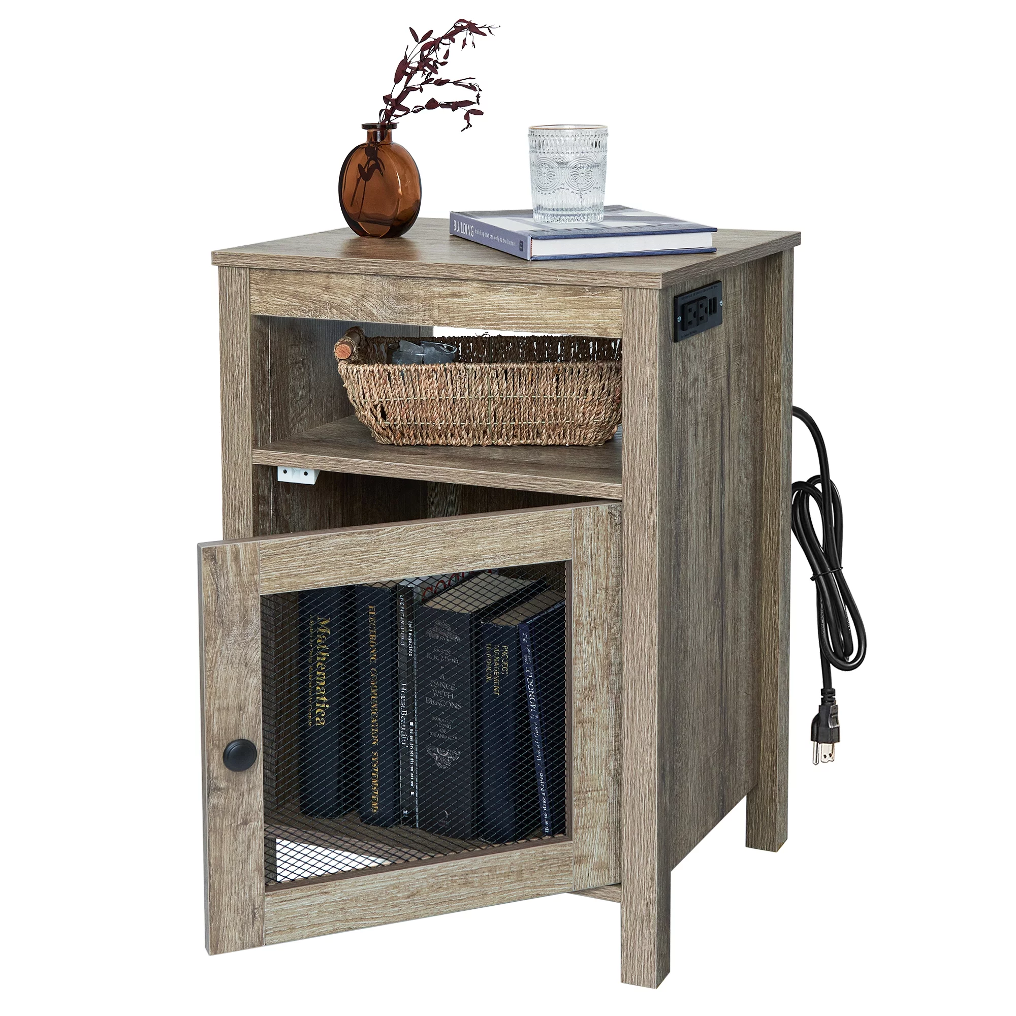 StorageWorks End Table with USB Ports & Power Outlets, Farmhouse Chairside Table with Cabinet and Open Storage Shelf, Wood Accent Table for Living Room Bedroom, Weathered Oak Grey