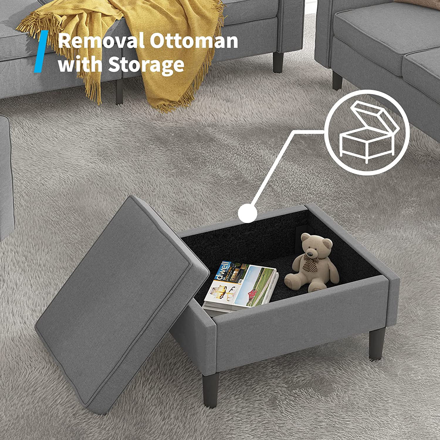 Mjkone Convertible Sectional Sofa Couch with Storage Ottoman, 3 Pcs Couch Set with Storage Pockets, Sectional Couches for Living Room, 3-Seater + Ottoman + 1-Loveseat (Light Gray)