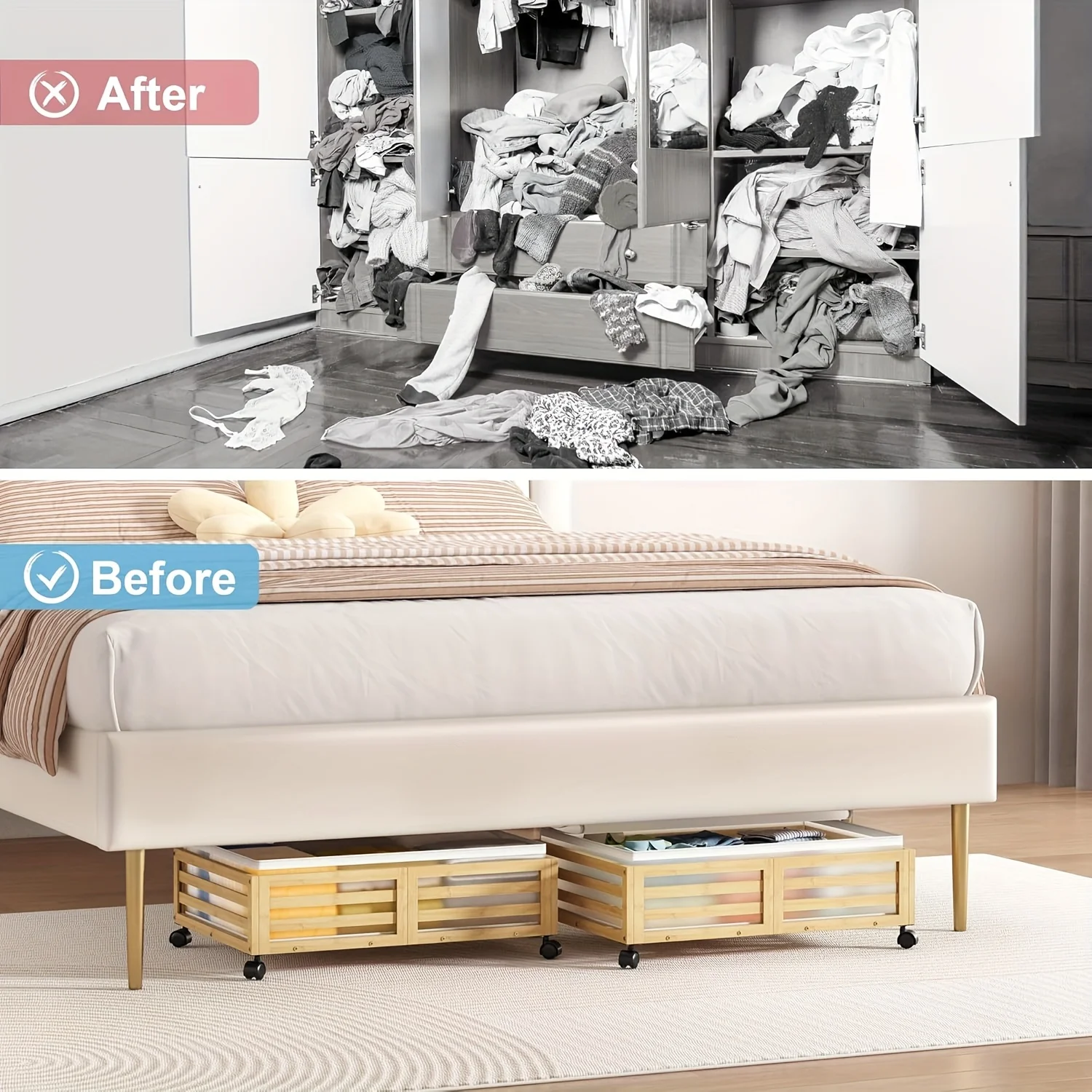 2-Pack Bamboo Under-Bed Storage Bins with Wheels, Large Capacity Rolling Organizers for Clothes &amp; Shoes, Natural Finish Space-Saving Design, No Assembly Required