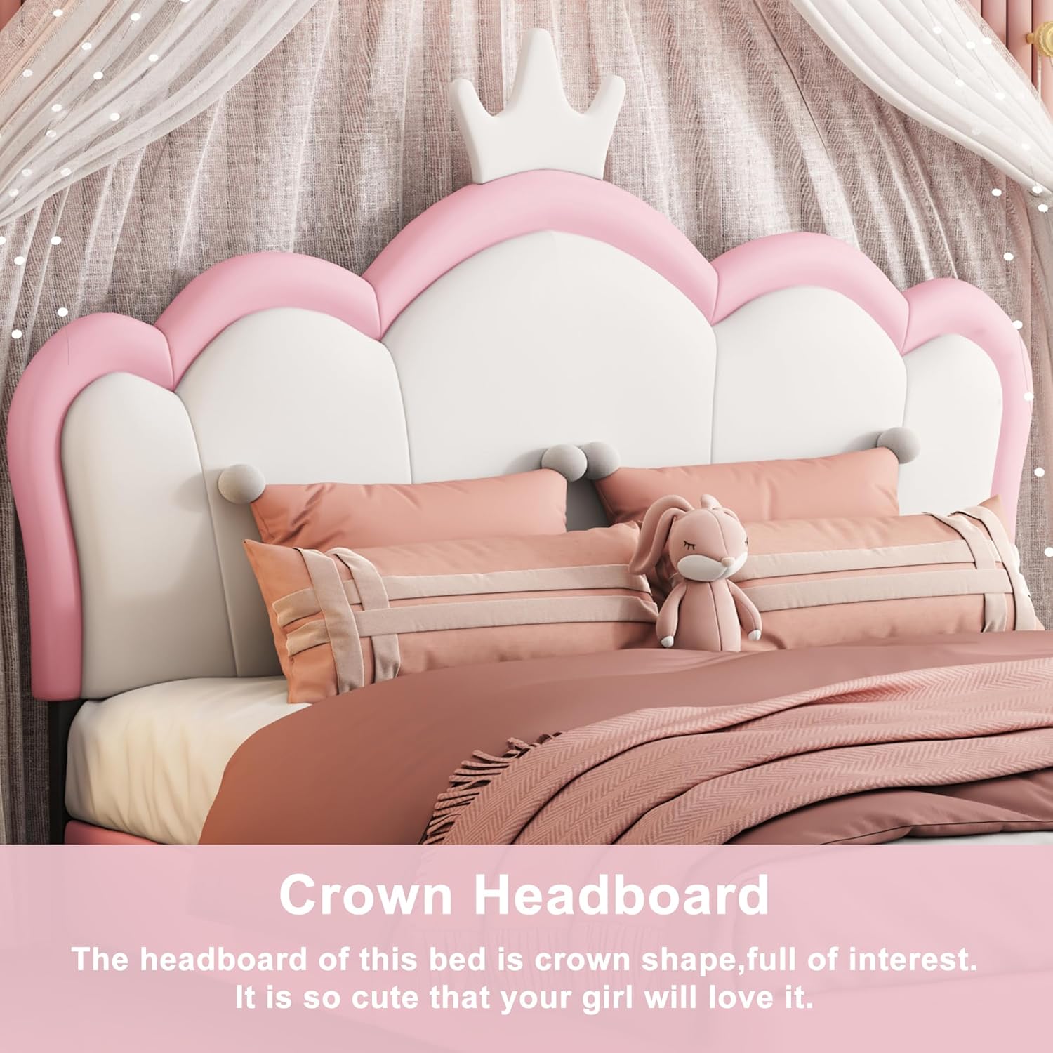 Bellemave Twin Size Princess Bed Frame with Crown Headboard, PU Upholstered Princess Twin Bed for Girls,Kids Twin Platform Bed,(Twin,Pink)