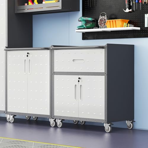 Garage Storage Cabinet Wall Cabinet with 2 Doors,Lockable Tool Cabinets Wall Mounted with Adjustale Shelves,Heavy Duty Steel Hanging Cabinets for Warehouse Kitchen Laundry,Assembly Required