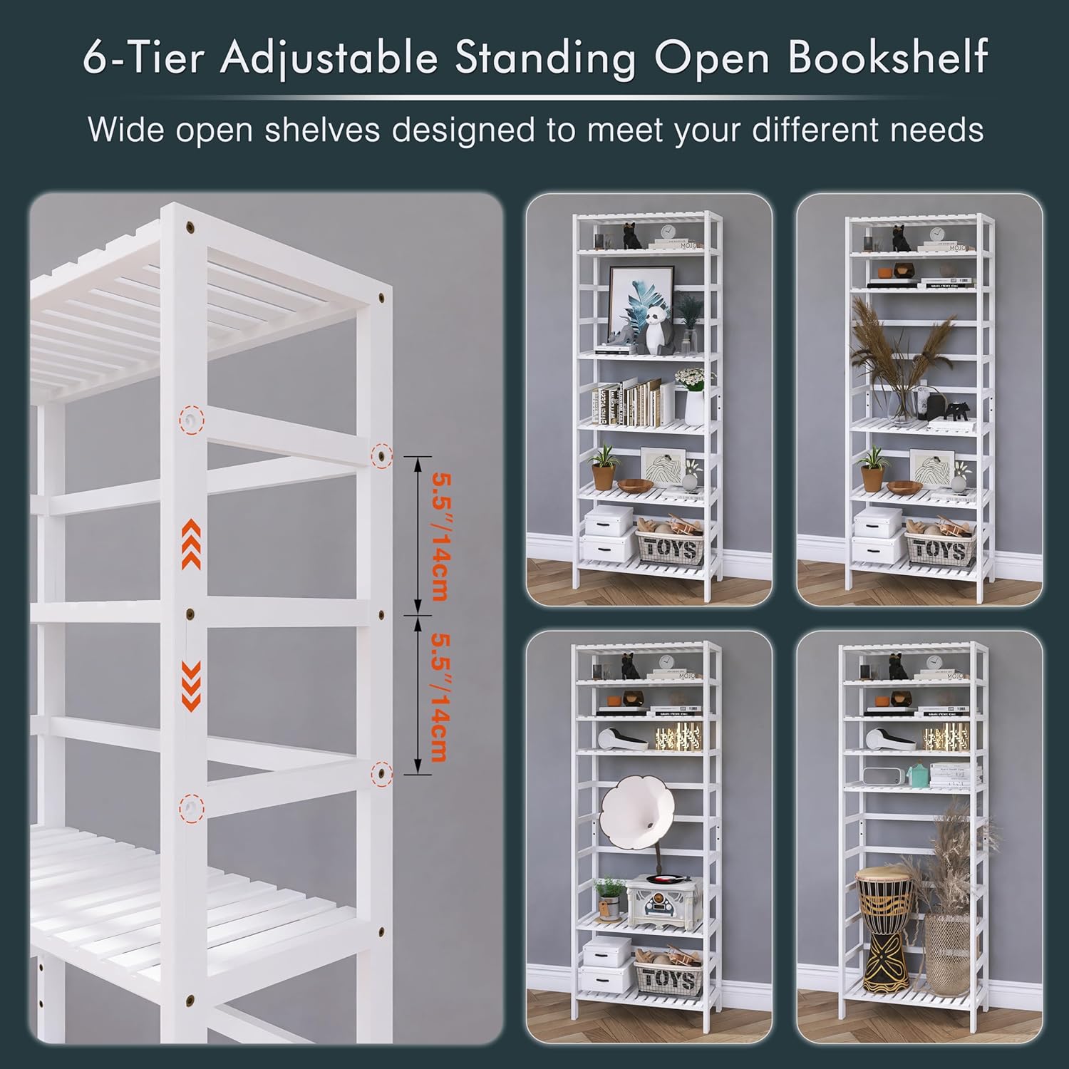 Bamboo Bookshelf Wall Cabinet Small Floor Cabinet Freestanding, Bathroom Storage Organizere with Adjustable Shelves and 4 Hanging Hooks, White
