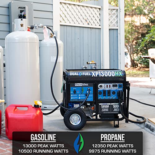 DuroMax XP13000HXT 13,000-Watt 500cc Tri Fuel Gas Propane Natural Gas Portable Generator with CO Alert, Black/Blue