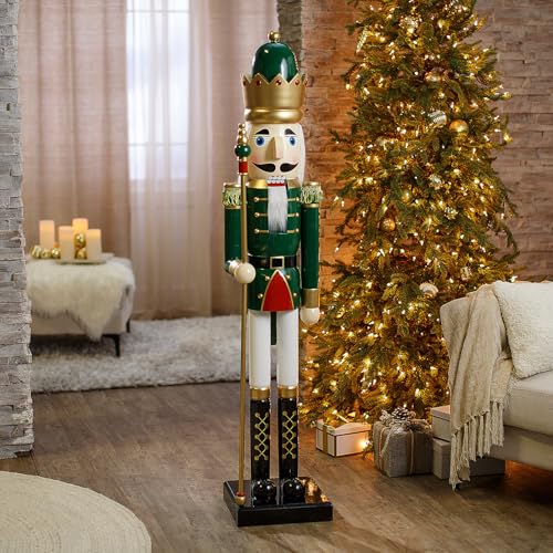 Fun Express 3 Ft. Large Classic Green Wooden Holiday Nutcracker with Scepter, Festive Christmas Decoration