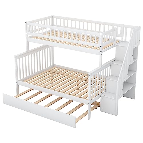 Twin Over Twin Size Bunk Bed with Trundle and Storage Stairs, Solid Wood Stairway Triple Bunk Beds Stairway and Full-Length Guard Rail for Kids Teens Adults Bedroom, Can Be Divided