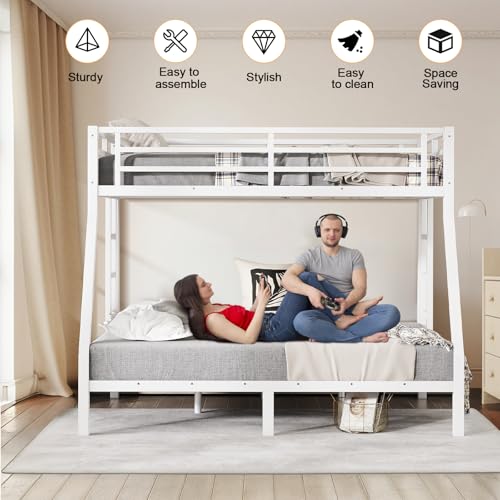 Twin XL Over Twin XL Bunk Bed, Metal Bunk Bed Frame Heavy Duty Bunk Beds Loft Bed Frame with Ladder and Guardrail Metal Slats No Box Spring Required for Adults Teens, Black