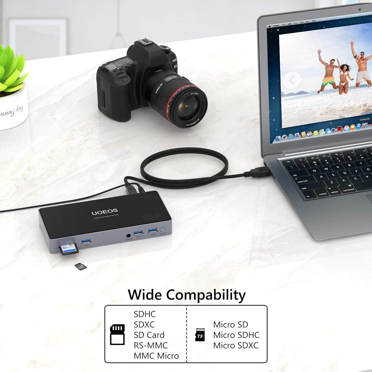 UOEOS USB 3.0 Universal Docking Station Dual Monitor for Windows, Chrome OS, Mac OS USB 3.0 HUB HDMI and DVI 3.5mm Audio Jack Port, SD TF Card Reader, Gigabit Ethernet, Audio&Mic,laptop docking sation