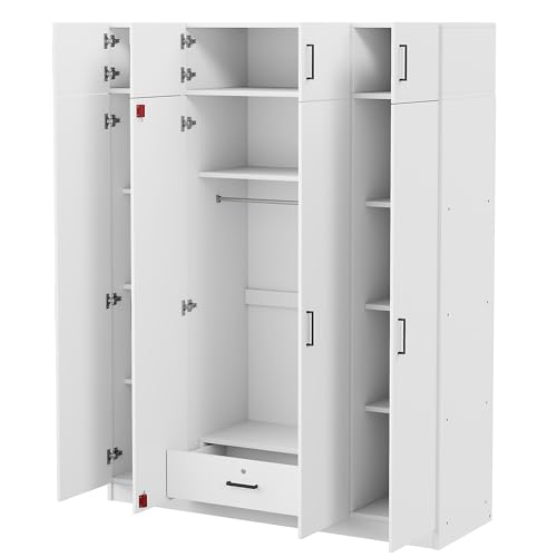 Modern Storage Wardrobe with Hanging Rods and 2 Drawers, Wood Clothes Storage Cabinet Organizer with Sliding Door and Open Shelves, Freestanding Wardrobe Cabinet for Small Spaces, Guest Room