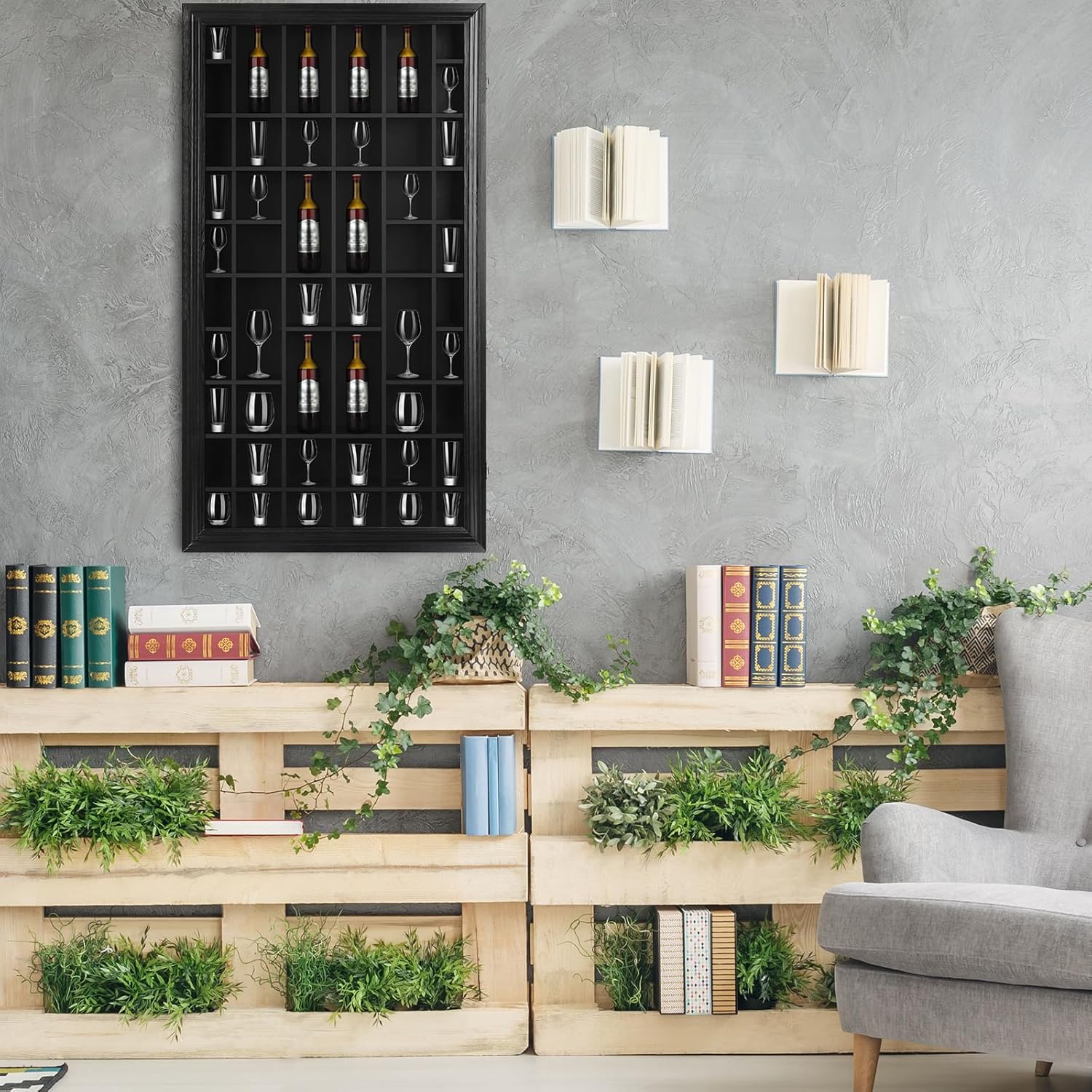 2 Pcs Shot Glass Display Case 50 Slots Wood Shot Glasses Holder 32.5 x 17.9'' Wall Mount Cabinet Rack Holder for Collectibles Glass Bar Cabinet with Lockable Acrylic Door