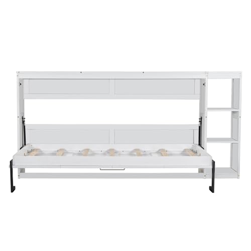 Full Size Horizontal Murphy Bed with Shelves, Full Murphy Bed with Side Bookcase, can be Folded into a Cabinet, Hideaway Wall Bed Space-Saving for Guest Room Bedroom Office, Natural