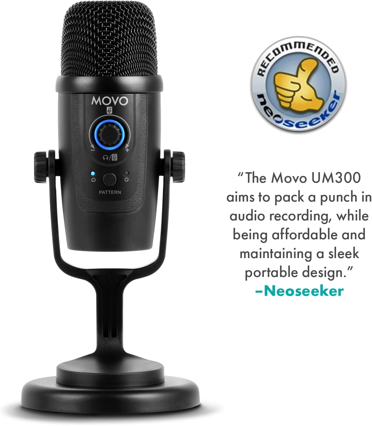 Movo UM300 Mini Desktop USB Microphone for Computer and Android Smartphones - Perfect Podcast, Music, Streaming, and Gaming Microphone for PC and Mac Computers - Travel-Size USB Podcast Microphone