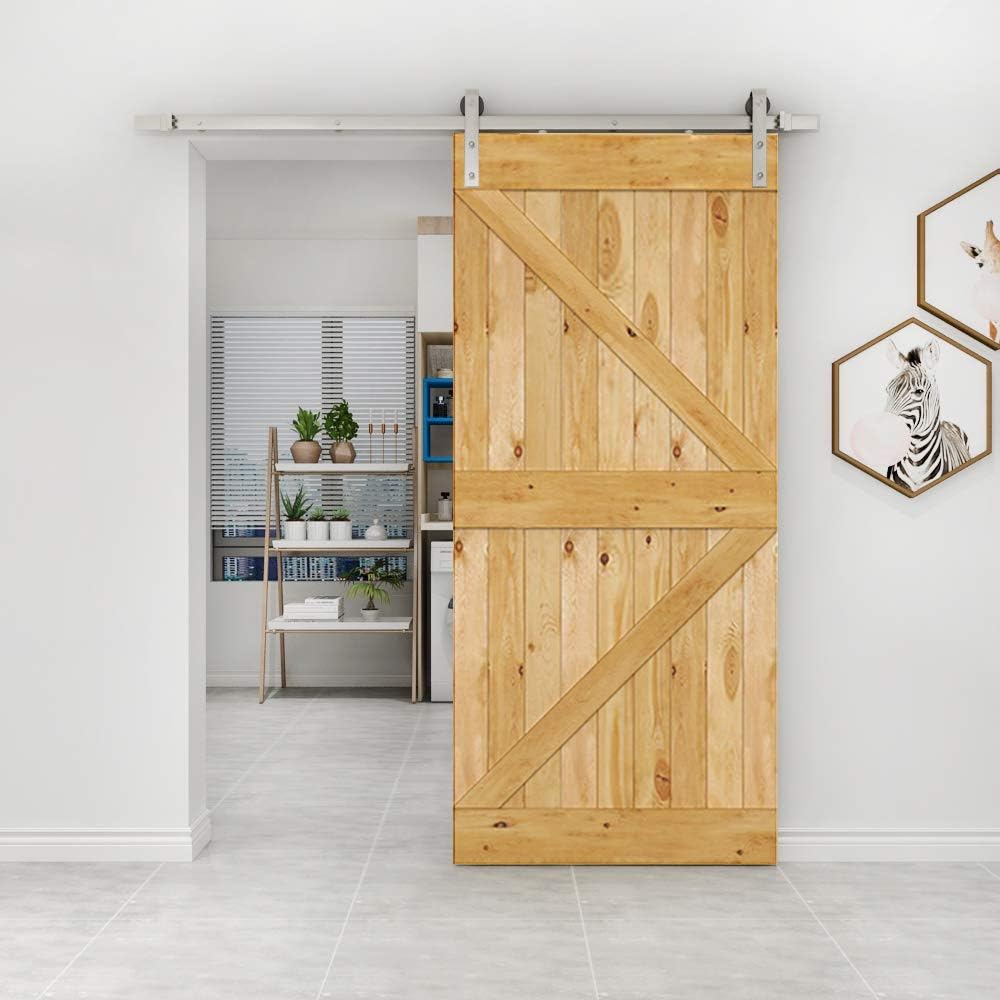 JUBEST Satin Nickel Sliding Barn Door Hardware Kit Smoothly and Quietly Hanger Roller Flat Track Kit J Shape Roller