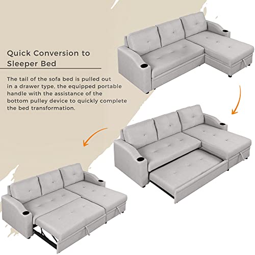 80.3" Pull Out Sofa Bed Modern Padded Upholstered Sofa Bed, Linen Fabric 3 Seater Couch with Storage Chaise and Cup Holder, Small Couch for Small Spaces Living Room Sectionals