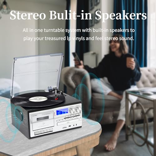 9 in 1 Record Player with External Speakers,3 Speed Bluetooth Turntable Vinyl Player with CD/Cassette Play,AM/FM Radio, USB SD/MMC Play, Aux-in/RCA Line Out