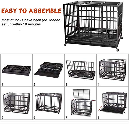 LEMBERI 48/38 inch Heavy Duty Indestructible Dog Crate, Escape Proof Dogs Cage Kennel with Lockable Wheels,High Anxiety Double Door Kennel,Extra Large Crate Indoor for Large Dog with Removable Tray