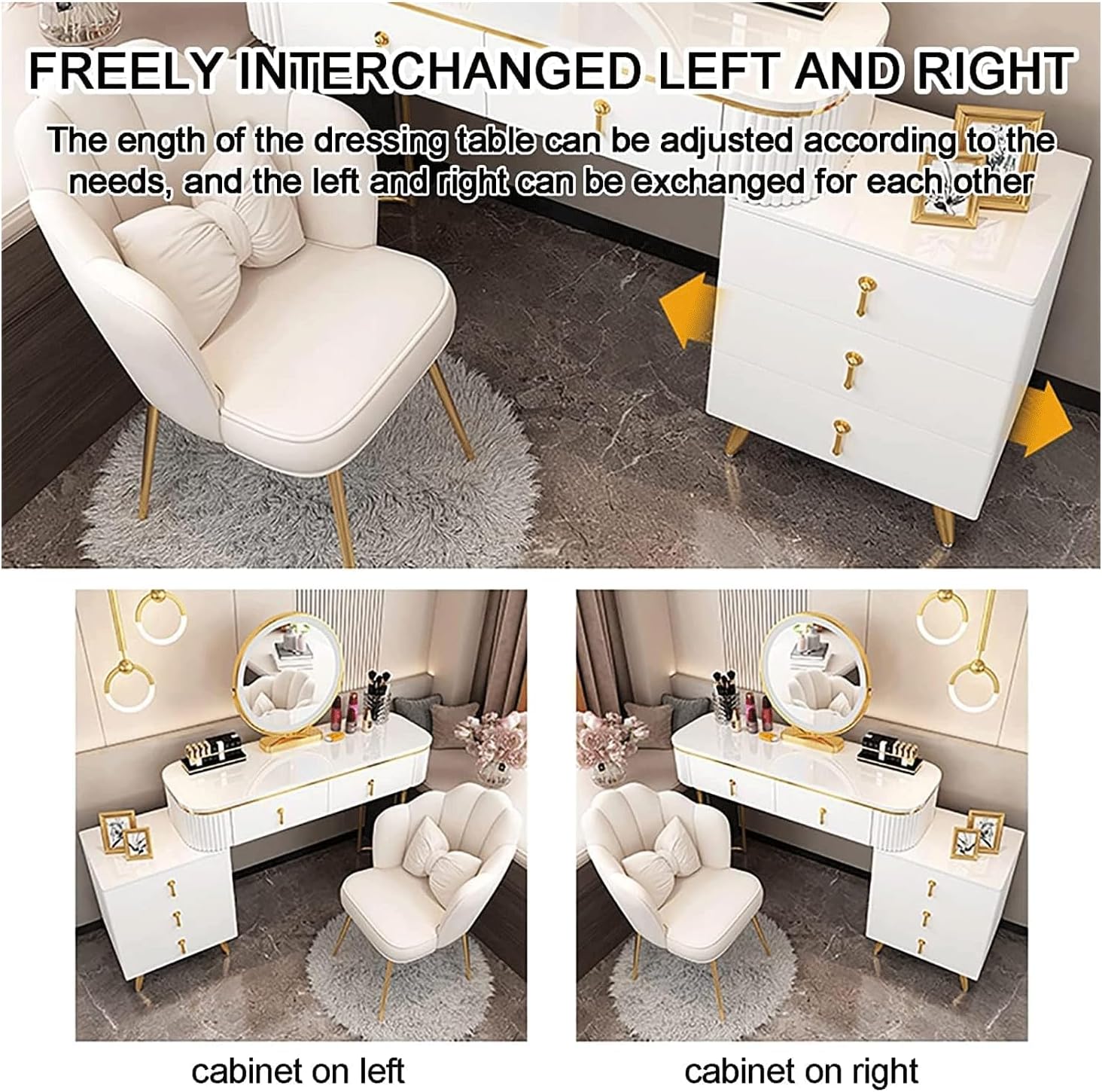 Vanity Table Vanity Desk Modern Vanity Desk with Mirror Dressing Table 5 Drawers Nightstand with Stainless Steel Legs Vanity Table with Back Chair Gorgeous