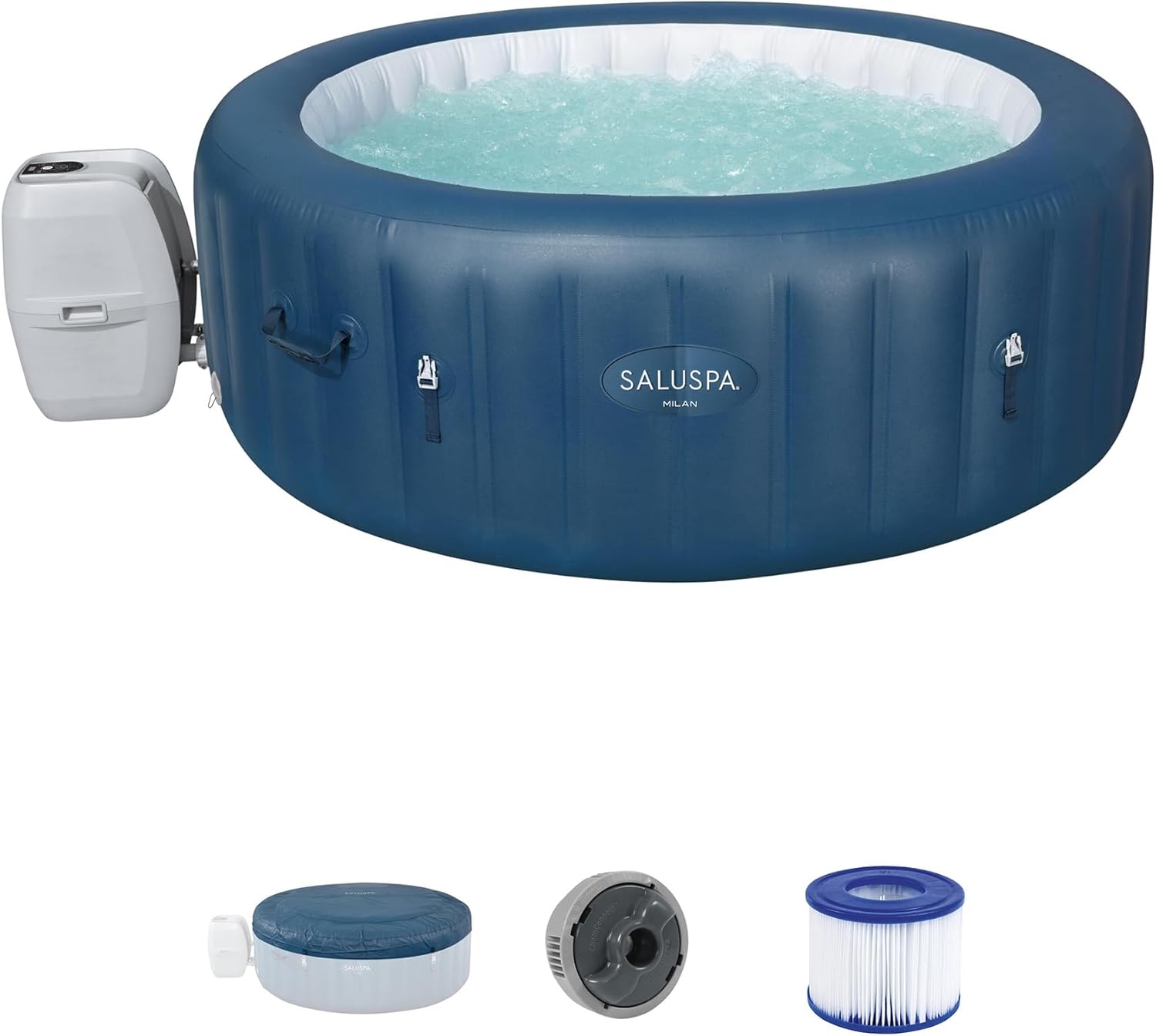Bestway SaluSpa Milan AirJet 4 to 6 Person Inflatable Hot Tub Round Portable Outdoor Spa with 140 AirJets and EnergySense Energy Saving Cover, Blue