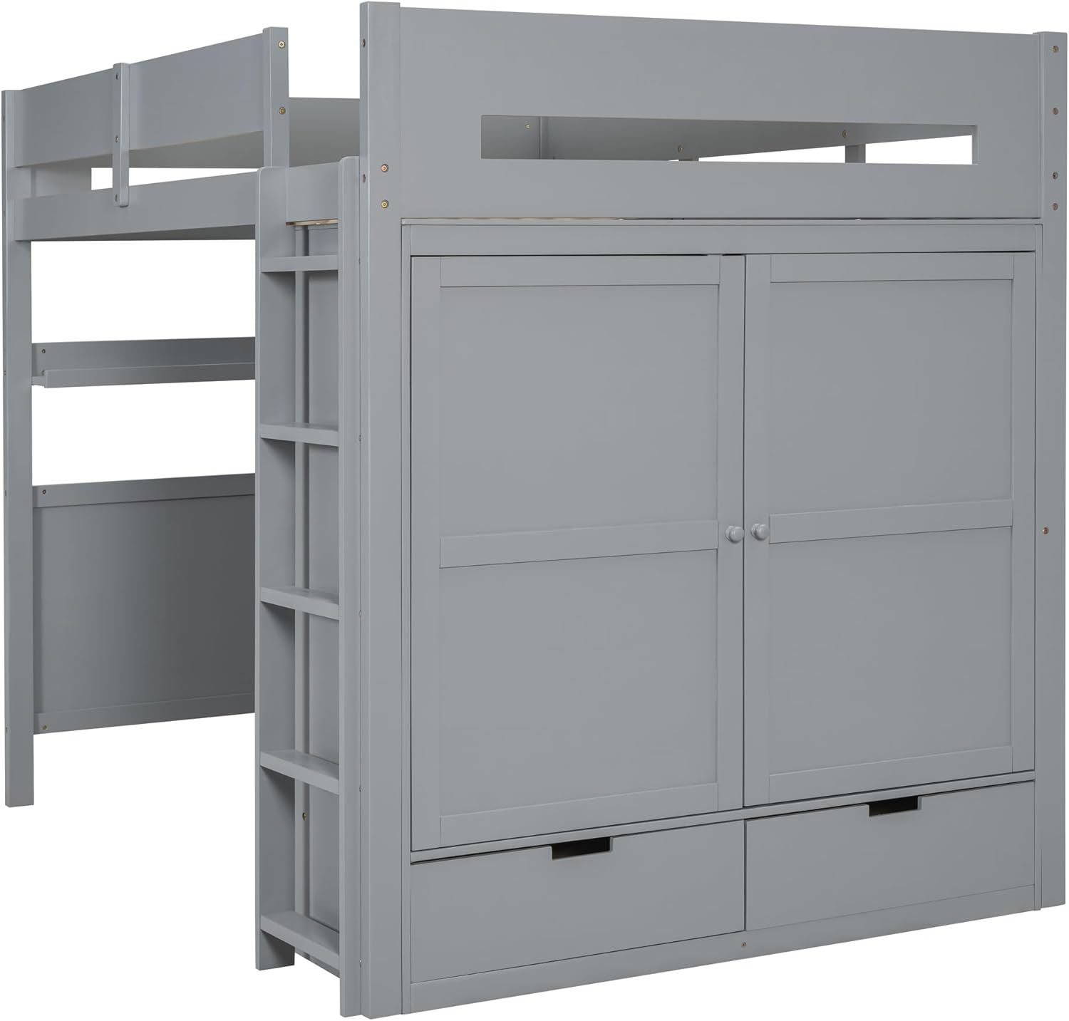 Full Size Loft Bed with Built-in Wardrobe and Underbed Study Desk, Modular Design Wood Loft Bed w/Storage Shelves, Ladder and Safety Guardrail for Kids Teens, No Box Spring Needed, Gray