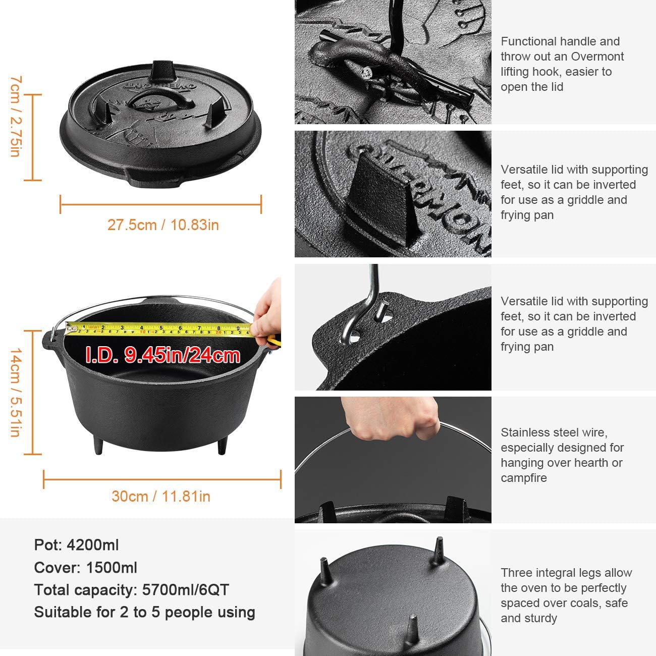 Overmont Camp Dutch Oven Pre Seasoned Cast Iron Lid Also a Skillet Casserole Pot with Lid Lifter for Camping Cooking BBQ Baking 9QT(Pot+Lid)
