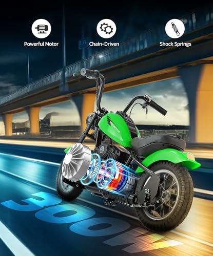 ELEMARA Electric Dirt Bike, 15 mph & 150lb Max, 24V Ride on Toy for Big Kids w/LED Lights & Power Display, Chain-Driven Motor, Twist-Grip Throttle, Shock Springs, Handbrake, 12" Air-Filled Tires-Black