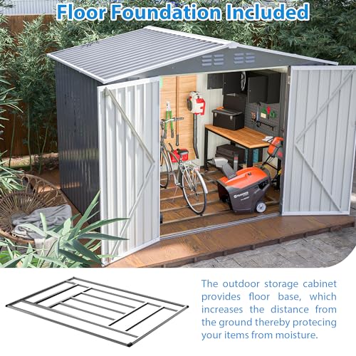 10 x 8 FT Outdoor Storage Shed, Metal Garden Shed with Floor Frame, Large Tool Shed Outdoor Storage with Lockable Sliding Doors & Air Vents, Storage House Waterproof for Backyard, Lawn, Gray