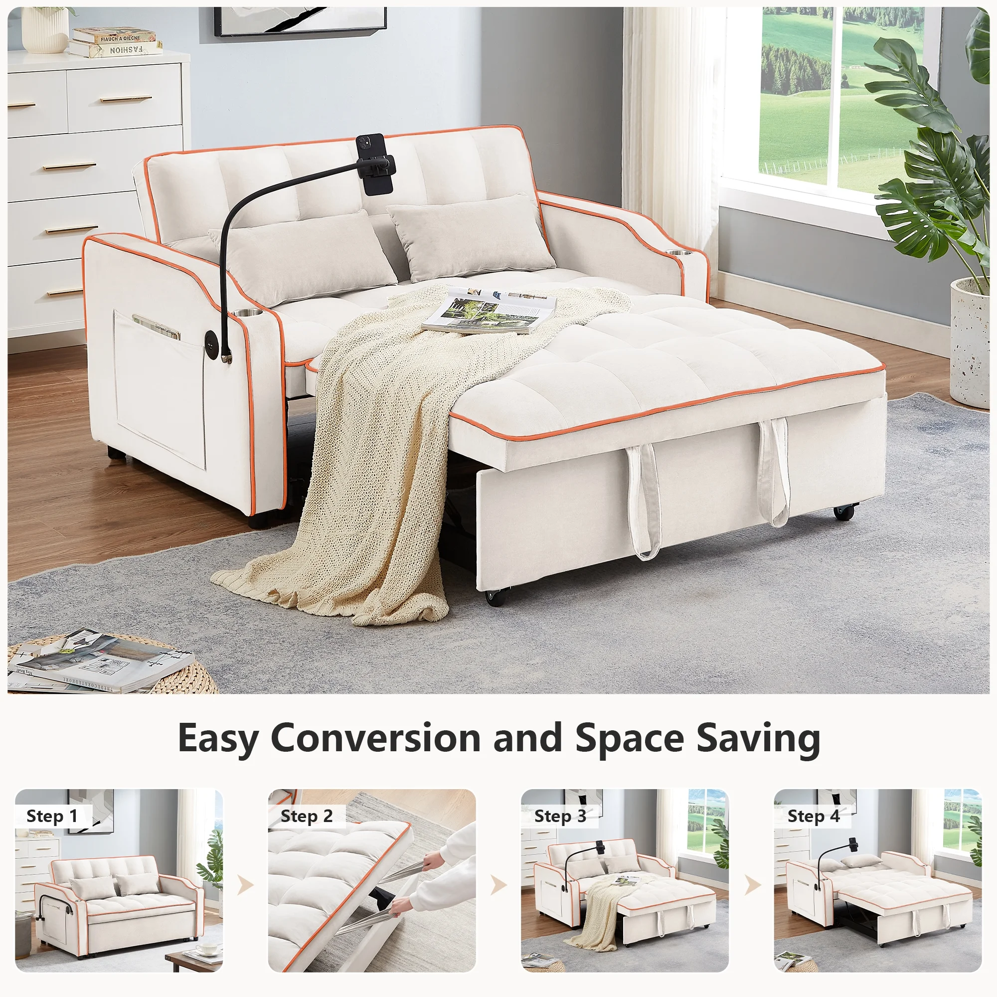 Muumblus Pull Out Sofa Bed, 3-in-1 Convertible Sofa Bed, Modern 2 Seater Sofa Bed with USB Port and Cup Holders, Velvet Loveseat Sleeper for Living Room, Small Spaces, Beige