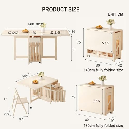 White Folding Dining Table, Wooden Drop Leaf Kitchen Table with 4 Brake Wheels, Drawers, Storage Cabinet, Expandable Space Saving Dining Room Table for Small Spaces, 140CM