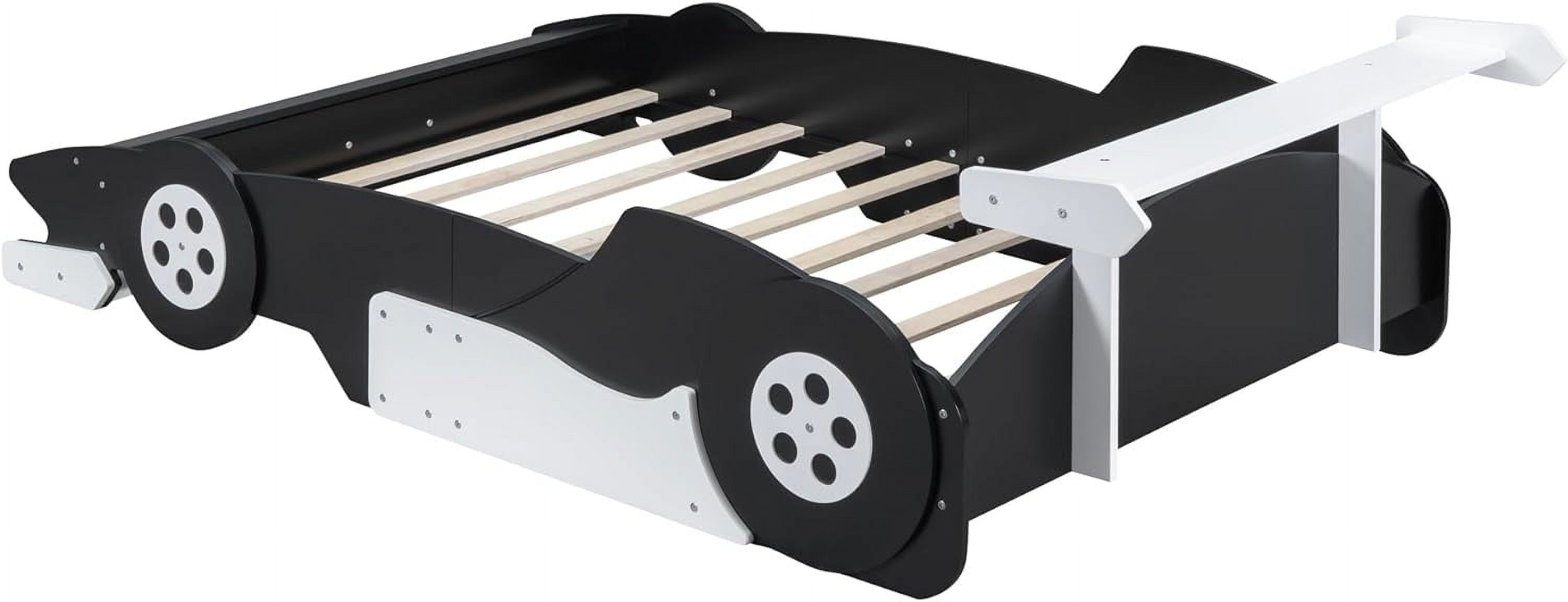 Full Size Race Car Bed With Wheels, Wood Full Size Bed For Kids, Car-Shaped Platform Full Bed With Storage Shelves For Kids,Tees, Boys Girls (Black)