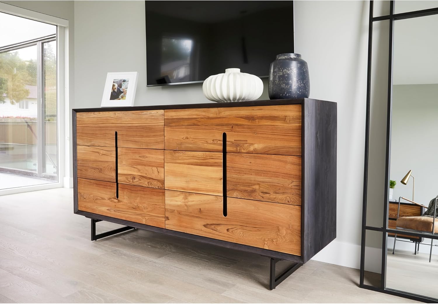 Lennox, Dresser, Scandinavian Solid Mango Wood with Reclaimed Teak Doors and Steel Legs, 6 Drawers, Light Brown