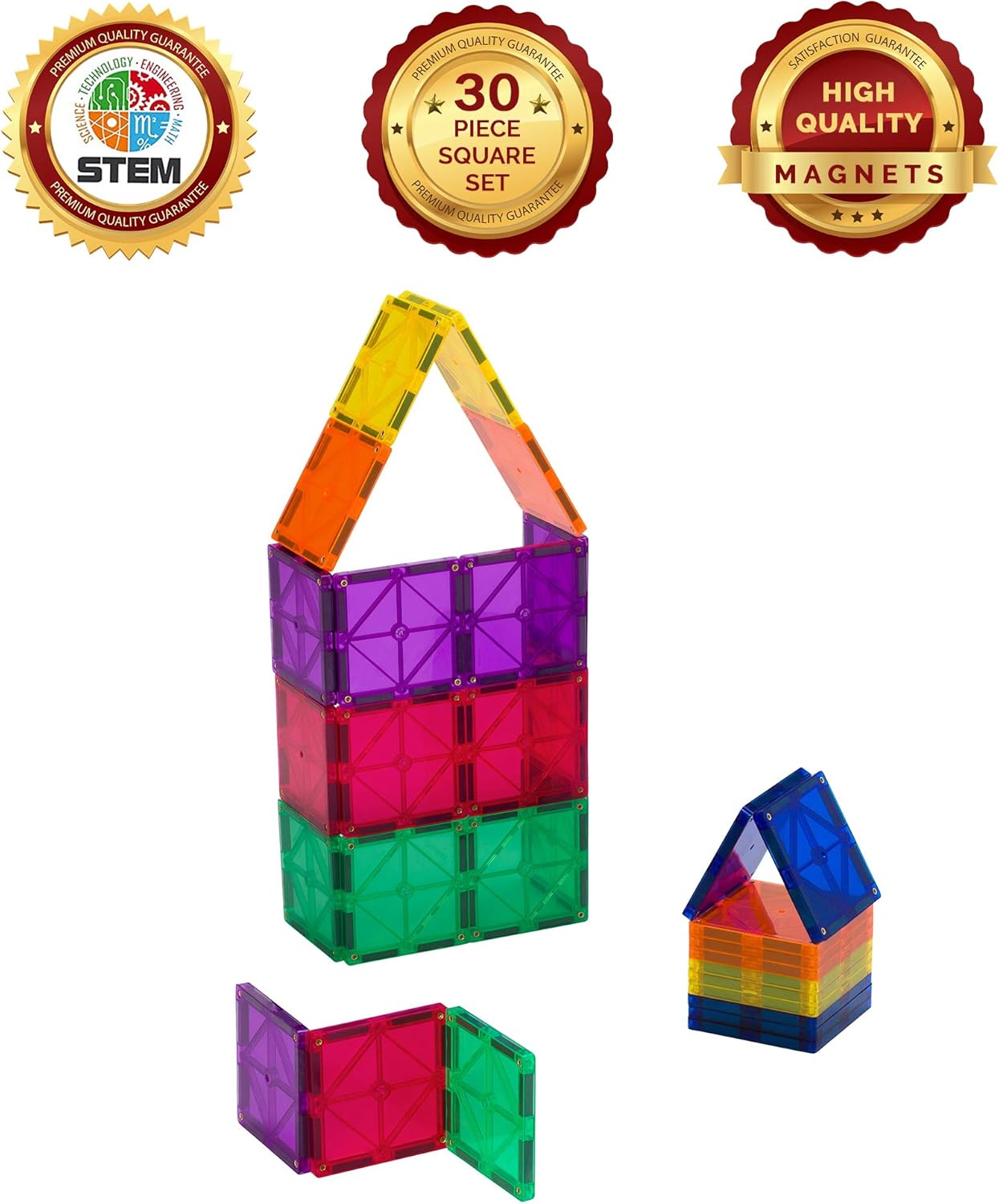 Award Winning Playmags Clear Colors Magnetic Tiles Building Set 50 + 6 Pc Set with Car - STEM Magnetic Toys Develop Motor Skills & Creativity, Colorful, Durable Magnet Building (56 Pc Set)