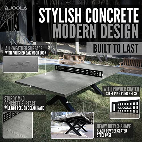 JOOLA Outdoor Table Tennis Table - Multi Use Conference Table Dining Table - Concrete Wood Look Includes Steel Outdoor Ping Pong Net Set & Frame - Hybrid Indoor Outdoor Ping Pong Table