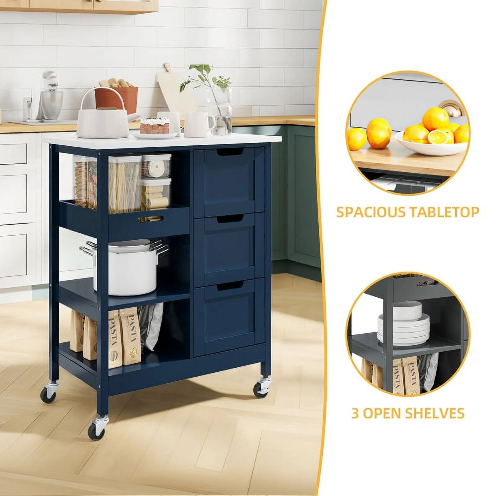 DWVO 3 Tier Kitchen Island Cart with Storage, Rolling Kitchen Cart with Large Countertop, Opening Shelves and Drawers for Kitchen Dining Room, Blue