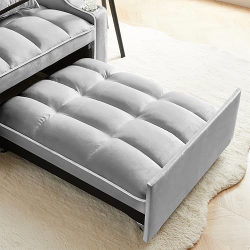 GERRIT Velvet Convertible Sleeper Sofa Chair Bed, 3 in 1 Multi-Functional Lounge Chair Sleeper, Pull Out Couch Guest Bed with USB Port & Cup Holder for RV, Living Room, Small Spaces (Grey)