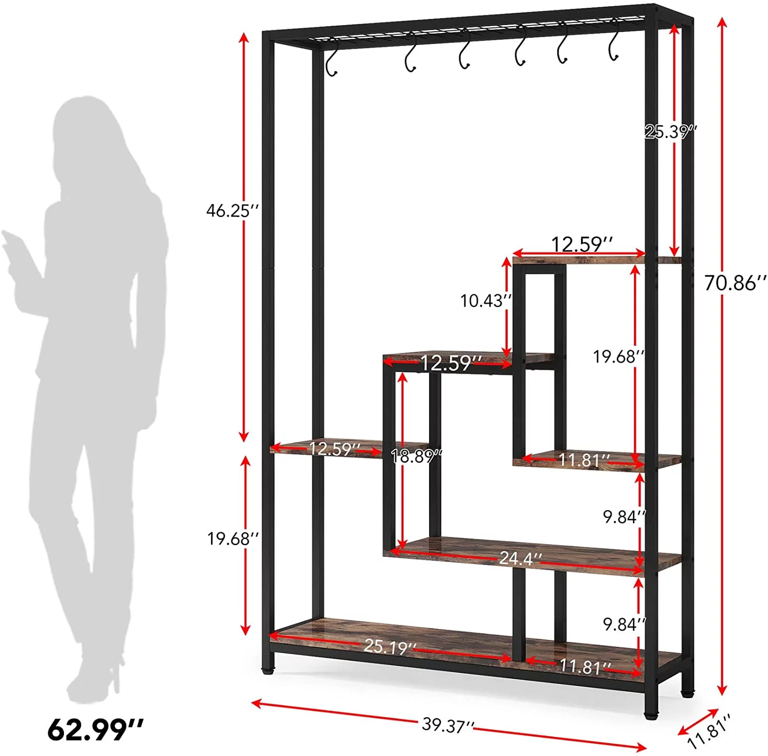 Tribesigns 5-Tier Tall Indoor Plant Stand, 70.9 inches Metal Large Plant Shelf with 10PC S Hanging Hooks, Multi-Purpose Flower Bonsai Pots Display Rack for Indoor, Garden, Balcony, Living Room