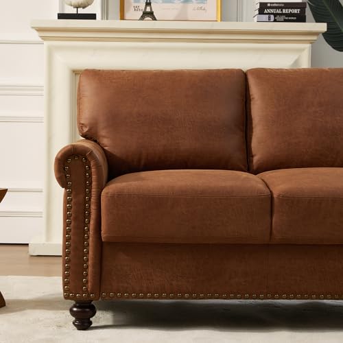 80” Sofa Couch with Storage, Mid Century Modern Rolled Arm Couches for Living Room Furniture Sofas, Nailhead Trim, Easy Assembly, Coffee