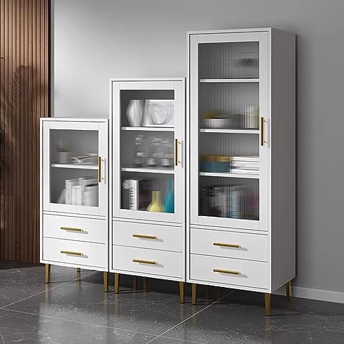 Tall Corner Cabinet with Glass Doors and 2 Drawer, Modern Storage Cabinet, White Display Cabinet, Home Storage Furniture, for Bathroom Kitchen Living Room Bedroom (White 50x30x100cm)