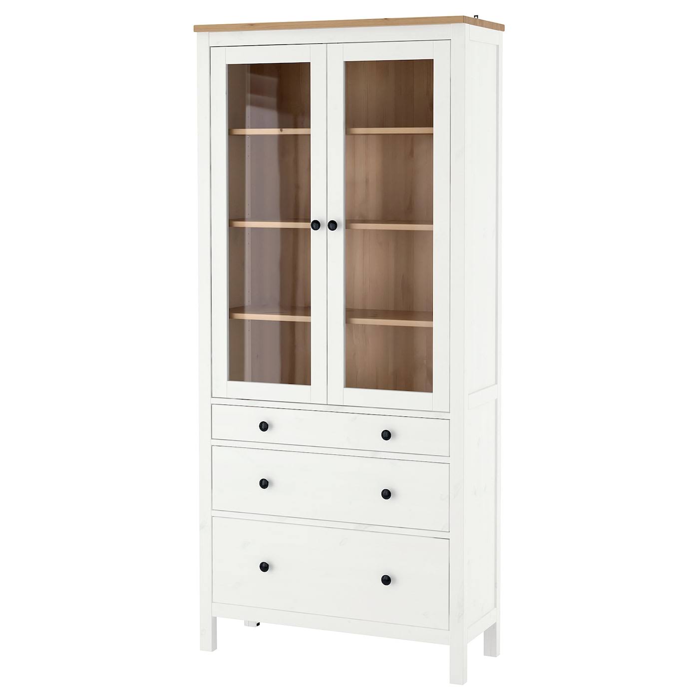 IKEA - HEMNES Glass-Door Cabinet with 3 Drawers, White Stain/Light Brown, 35 3/8x77 1/2